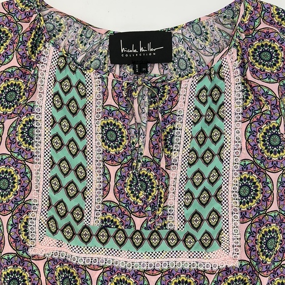 Nicole Miller Glassflower Silk Blend Peasant Top Blouse Medium Puff Slee… - Picture 7 of 16